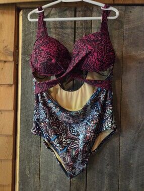 Womens Pink & Multicolor Patterned One-Piece Swimsuit